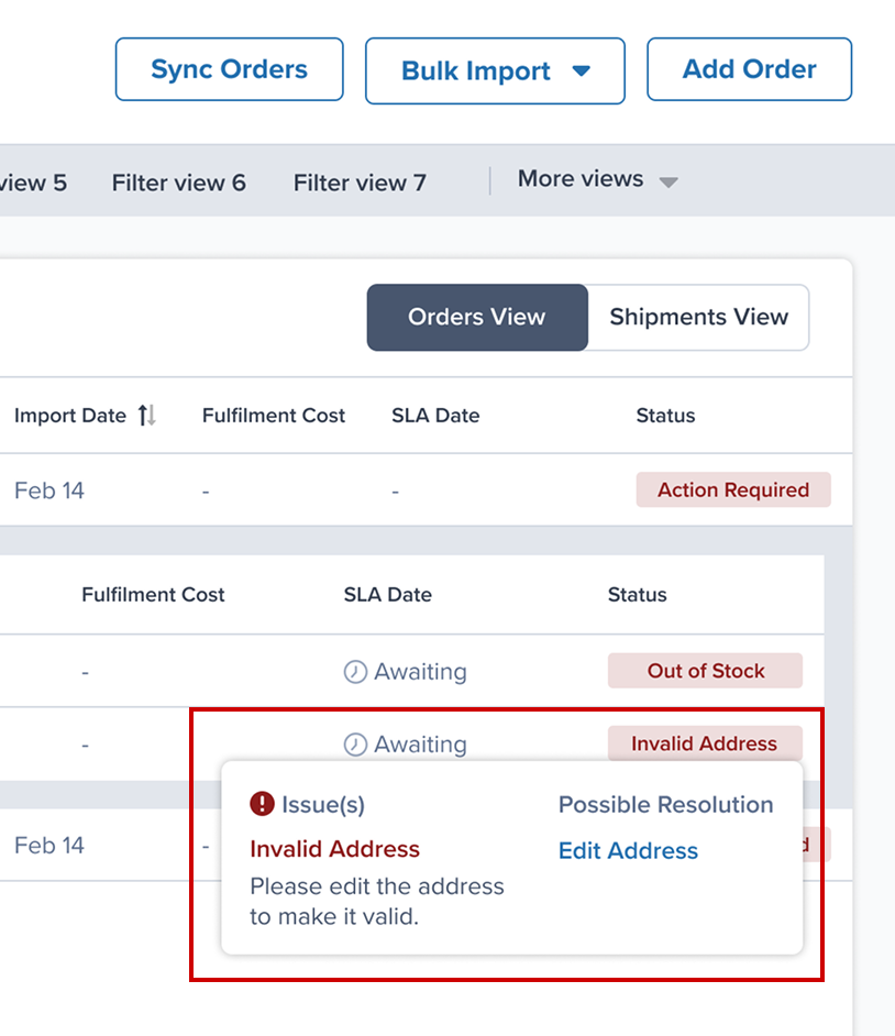 Status tooltip in the list showing the issue, Invalid Address, and its possible resolution, Edit Address