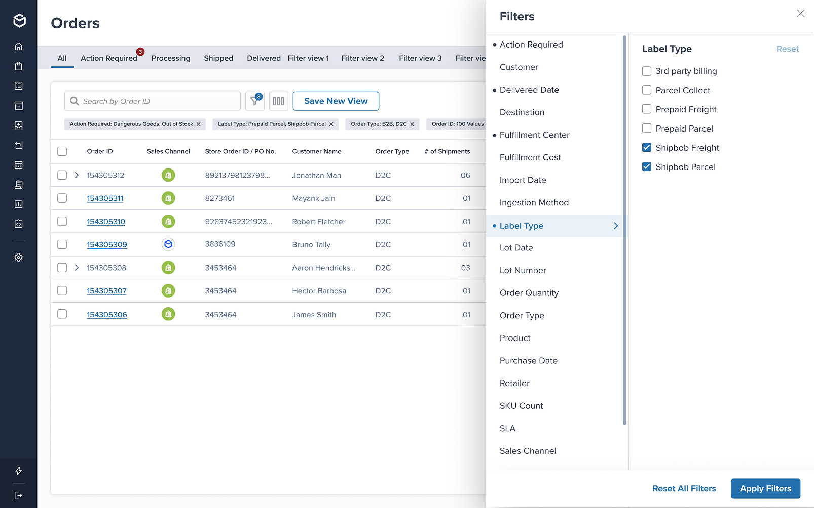 Filters drawer with Label Type selected, applied filter chips above the orders list and a Save New View button