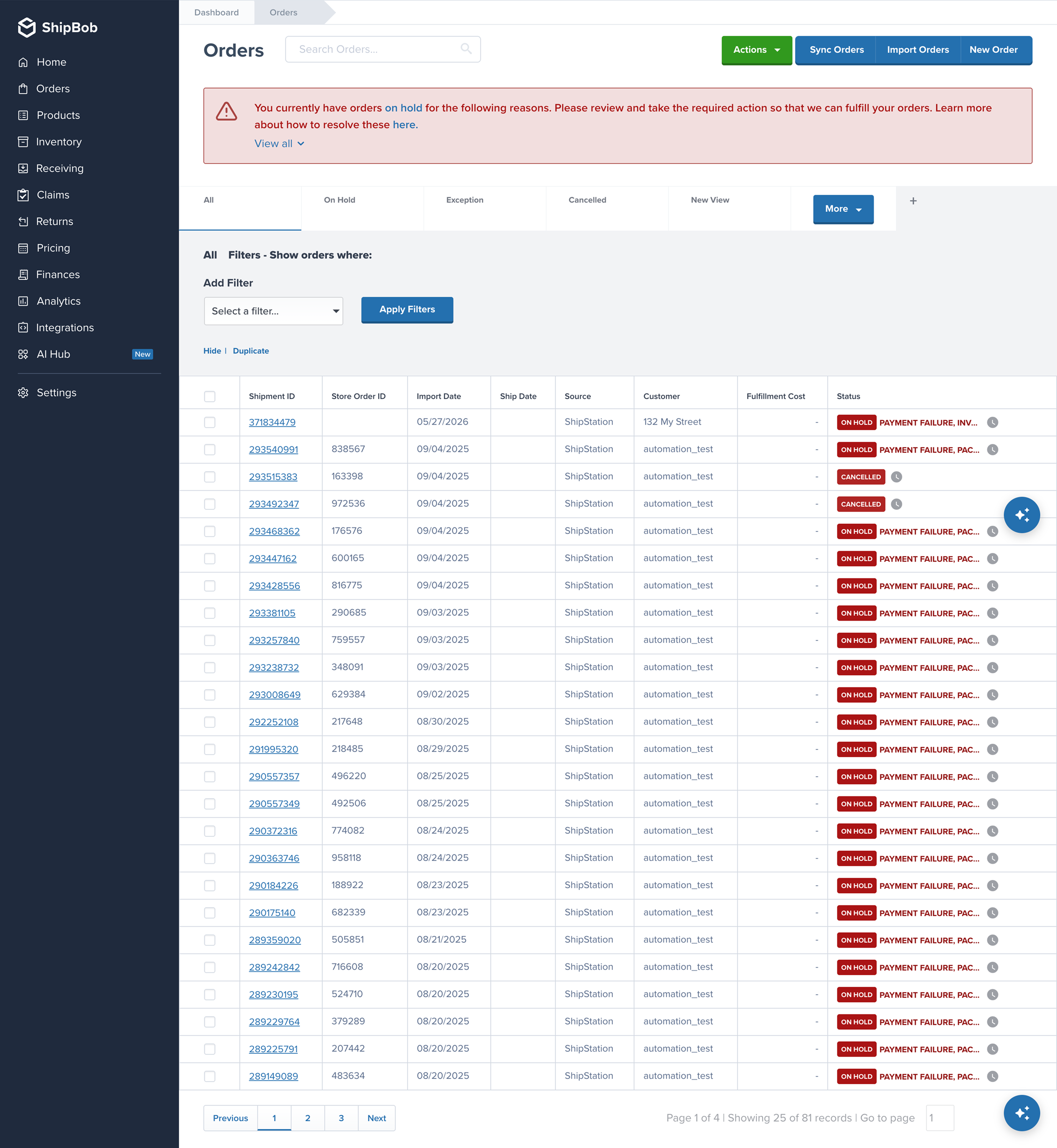 The old orders page